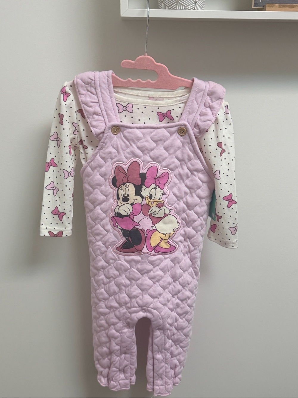 Disney Pink Quilted Minnie & Daisy Overalls with Bow Print Top